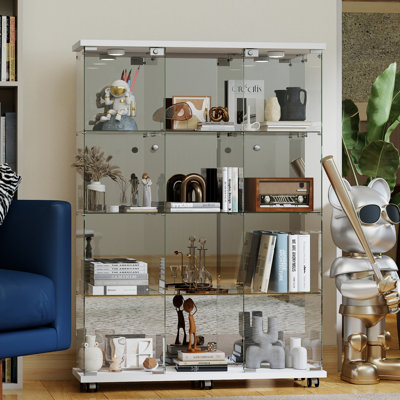 Anneliesse 4-Shelf Glass Display Cabinet with Mirrored Back, 3-Column Tempered Glass Display Case