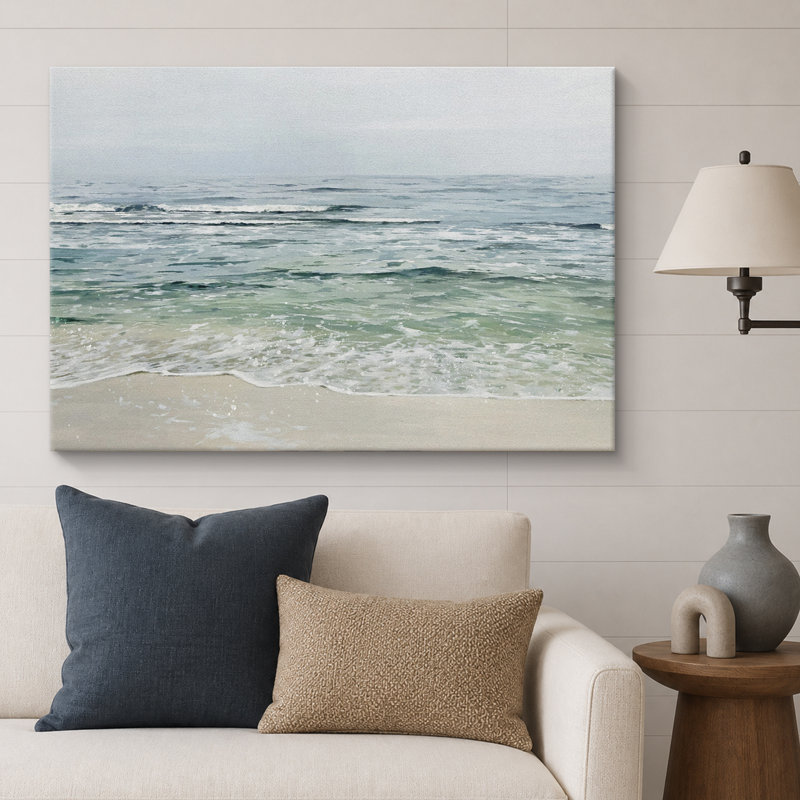 «Serene Coastal Waves on Sandy Beach», reproduction d'art sur toile encadrée très grande, Toile tendue