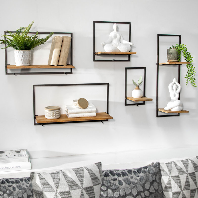 Loddie Metal and Wood Wall Shelf Set Modern Floating Display Shelves with Iron Frame, Decorative and Functional Wall Storage, Stylish Industrial Design