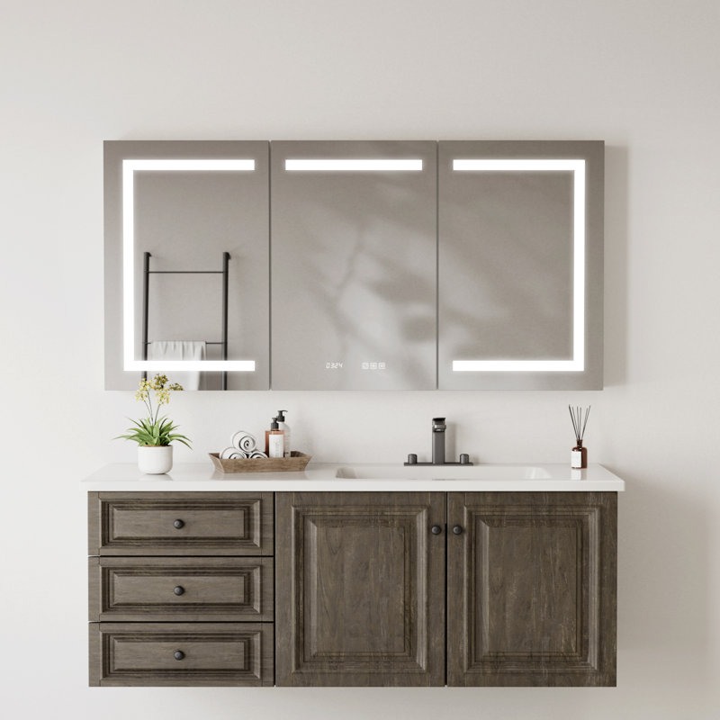 Armoire à pharmacie à miroir sans cadre à DEL avec 3 lumières à intensité variable, armoires à pharmacie encastrées / murales argentées 60 x 30 pouces avec 3 tablettes réglables, armoire de salle de bain avec rangement, à brancher / câblé, anti-buée, affichage de la température
