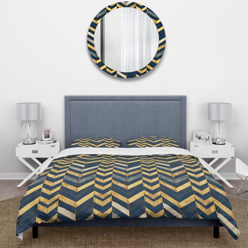 Ensemble de housse de couette bleu marine Midcentury Herringbone Print II - Midcentury