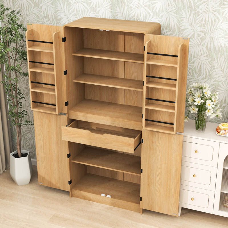 Armoire haute haute avec tablettes réglables, tiroir caché, design courbé et 8 supports de porte, Naturel