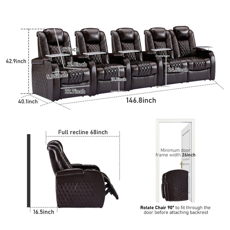 Siège de cinéma en cuir gris avec porte-gobelet, Cuir véritable brun