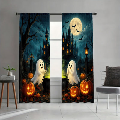 2 rideaux mignons filtrant la lumière d'Halloween fantôme et citrouille, 2 pièces, scène de pleine lune du château hanté, ambiance de fête amusante et effrayante, conception facile à suspendre avec passe-tringle, toutes saisons pour le salon, la chambre à coucher, la salle d'étude