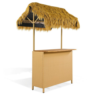 Hawaiian-style Bar Height Patio Set with PE Grass Canopy, Outdoor Bar Table and Stools with Adjustable Feet, Acacia Wood Top, for Dining and Drinking, Natural