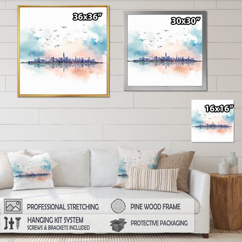 Charleston Skyline - Cityscapes Wall Decor, H 16 po x l 16 po x P 1 po, Cadre flottant doré