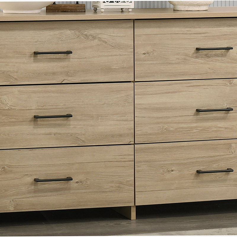 Commode 6 tiroirs avec poignées en métal, Chêne clair