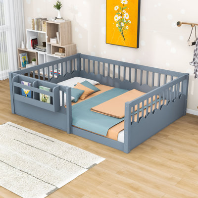 Wooden Montessori Floor Bed with Bookshelf and Guardrails