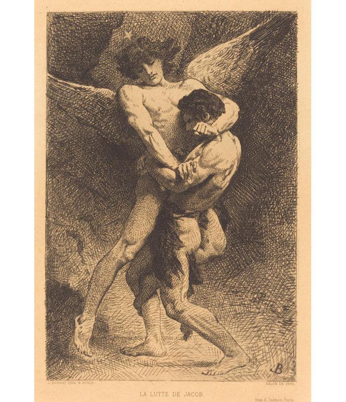 "La Lutte De Jacob" par Léon Bonnat - Toile tendue avec châssis, H 24 po x l 17 po
