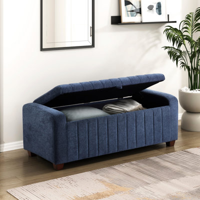 Banc en contreplaqué avec coussin bouclé bleu et option de rangement recouverte de tissu