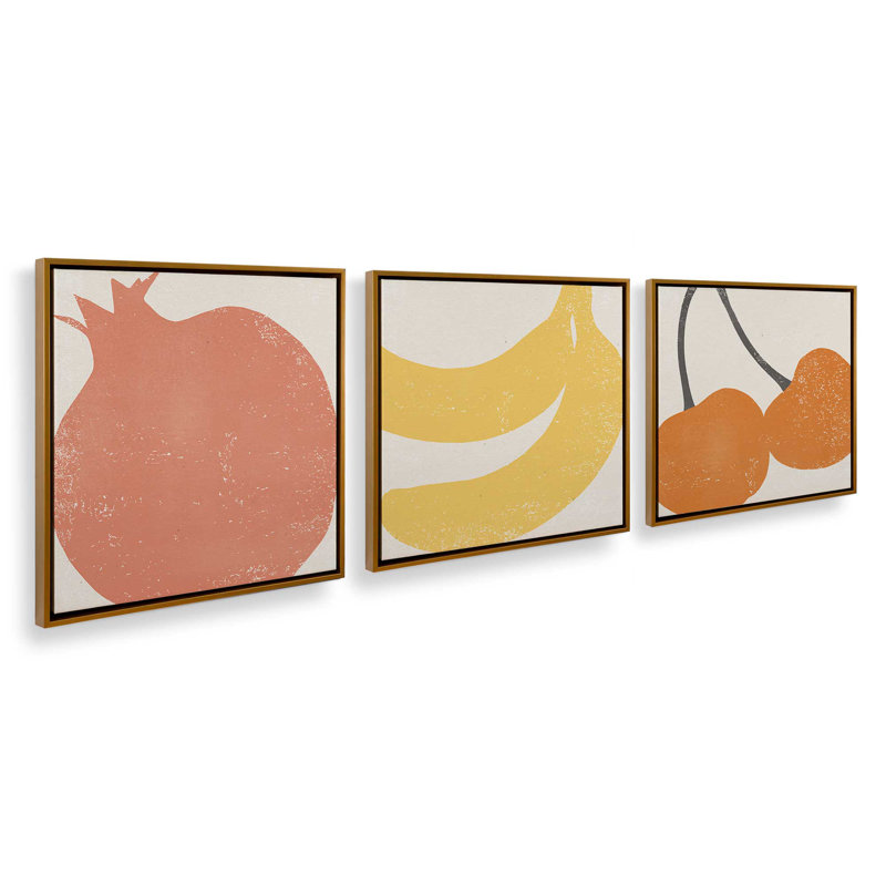 Minimalist Fruit Medley, ensemble de 3, reproduction sur toile, Cadre flottant doré poli, H 24,75 po x l 24,75 po