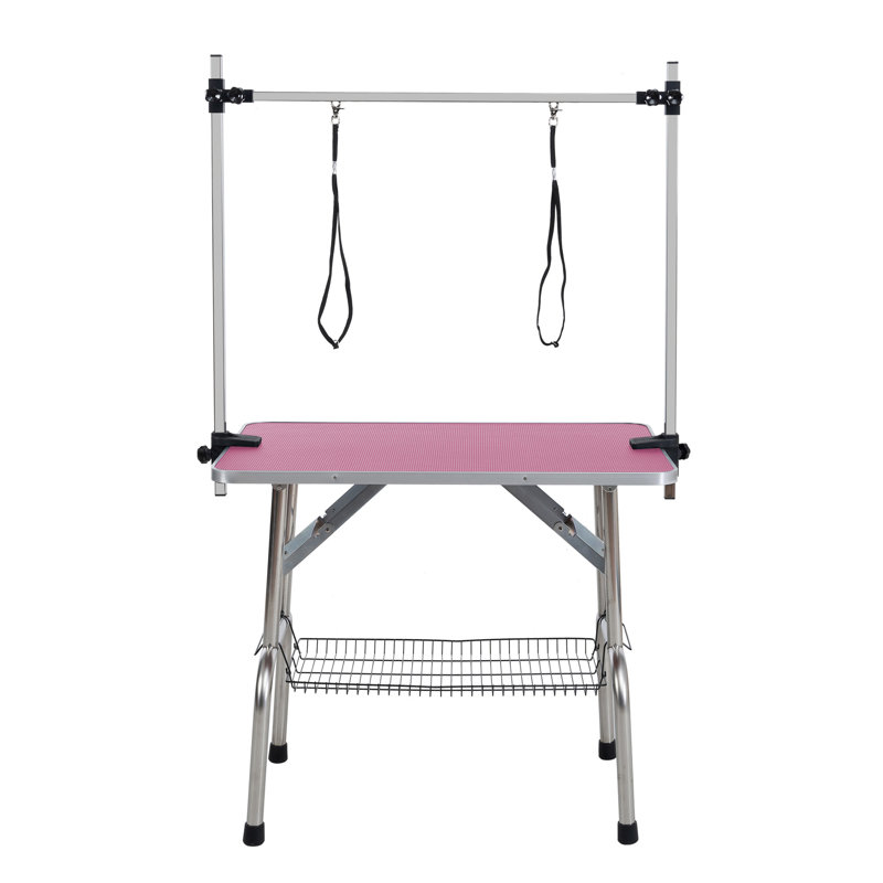 Table de toilettage pliante pour chien 36 po avec cadre en acier inoxydable et support réglable, Rose