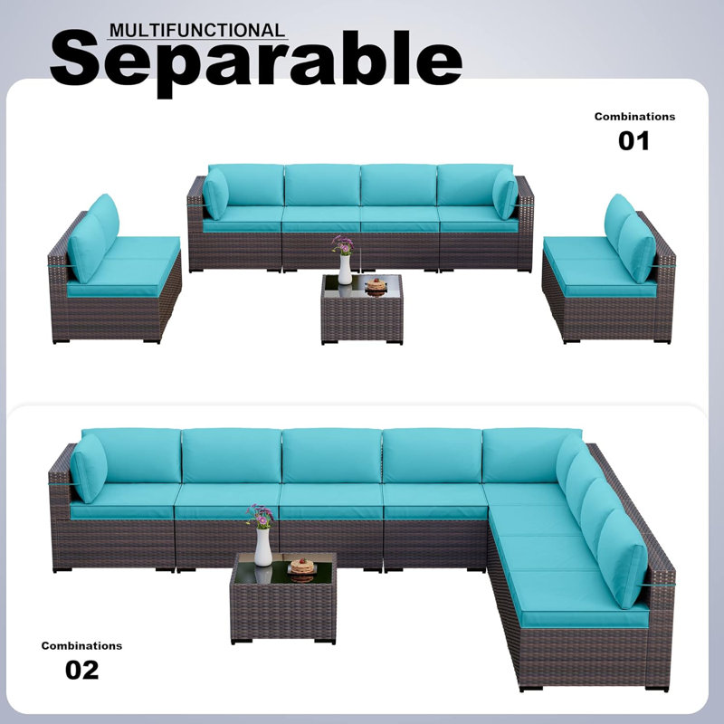 Yasmina 9-Piece Rattan Sectional Seating Group with Cushions And Tempered Glass Table, Green