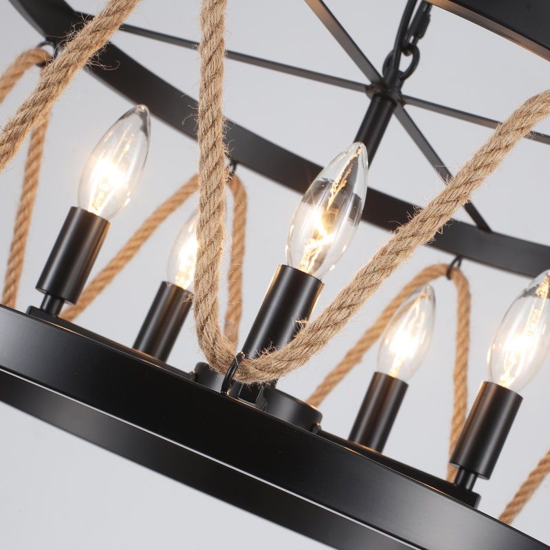 Lustre cylindrique à 5 lumières de 20 pouces à intensité variable avec corde de chanvre pour le salon, Noir mat
