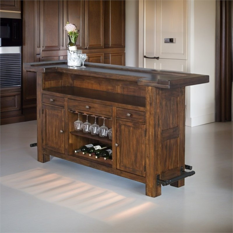 Pemberly Row 78" Farmhouse Wood Bar Unit in Medium Brown