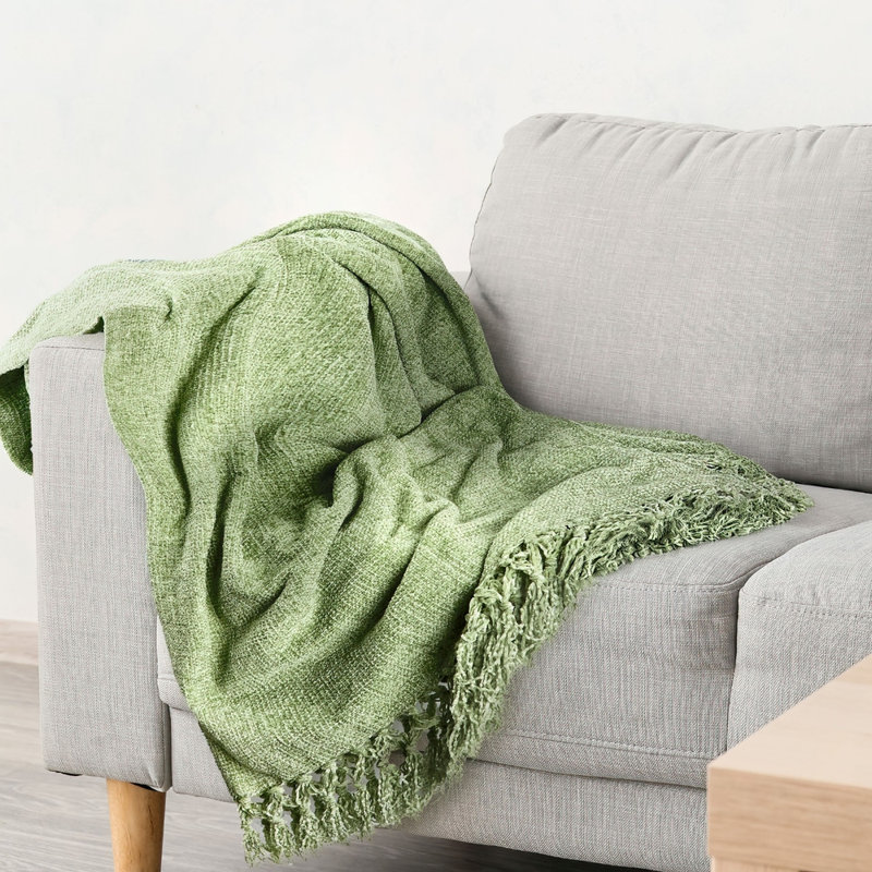  Darcy Tassel Blanket/Throw For Sofa Chair Bed Charcoal, 150cm x 130cm, Green
