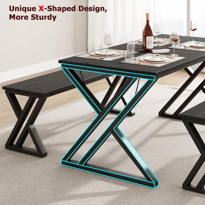 Ensemble de table de salle à manger pour 4 personnes, table de cuisine avec 2 bancs - Ensemble de salle à manger rectangulaire avec structure en métal robuste, peu encombrant pour la cuisine / salle à manger / appartement