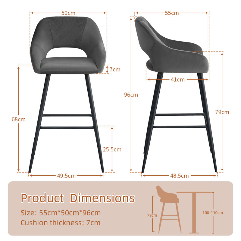 Velvet Upholstered Bar Stools with Armrests, Grey