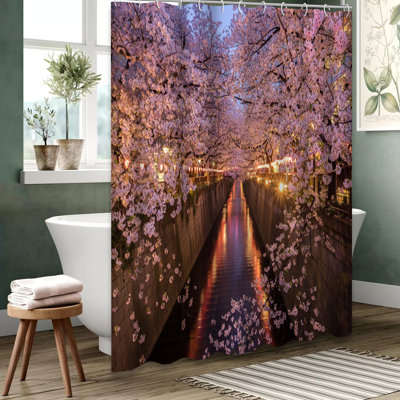 Tokyo Cherry Blossom River Shower Curtain with 12 Hooks