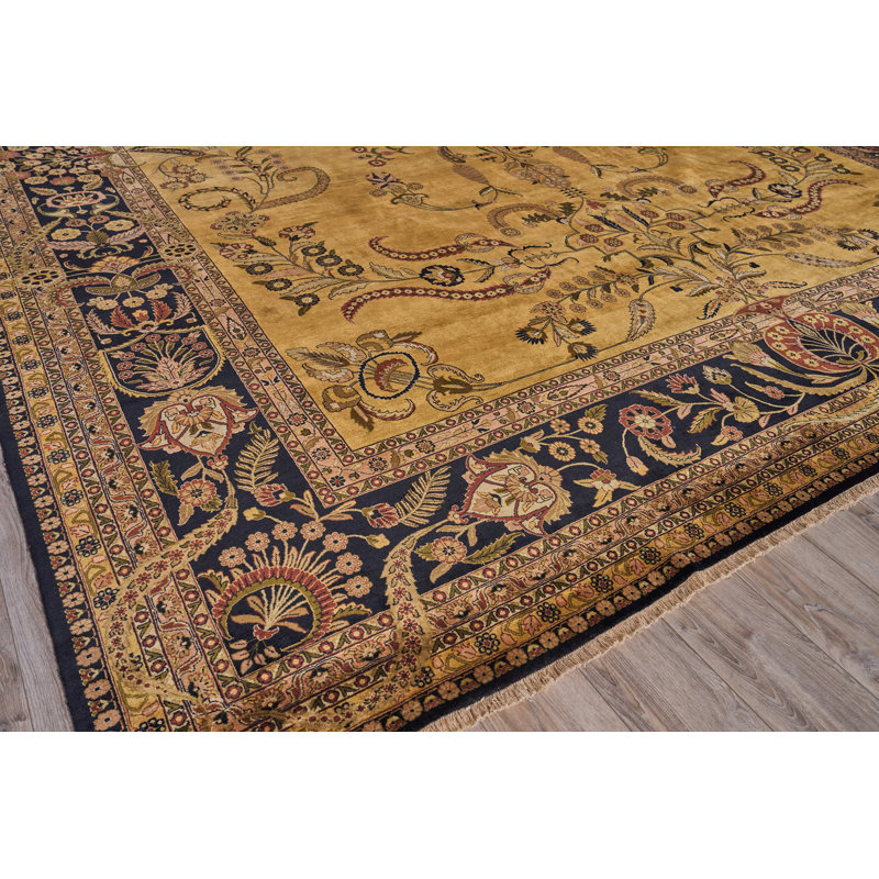 Antique Black and Beige Floral Wool Area Rug 14' x 18'1"