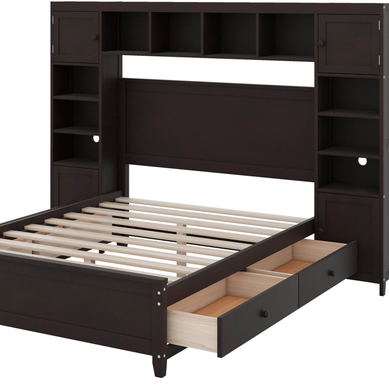 Lit double en bois avec armoire, Espresso
