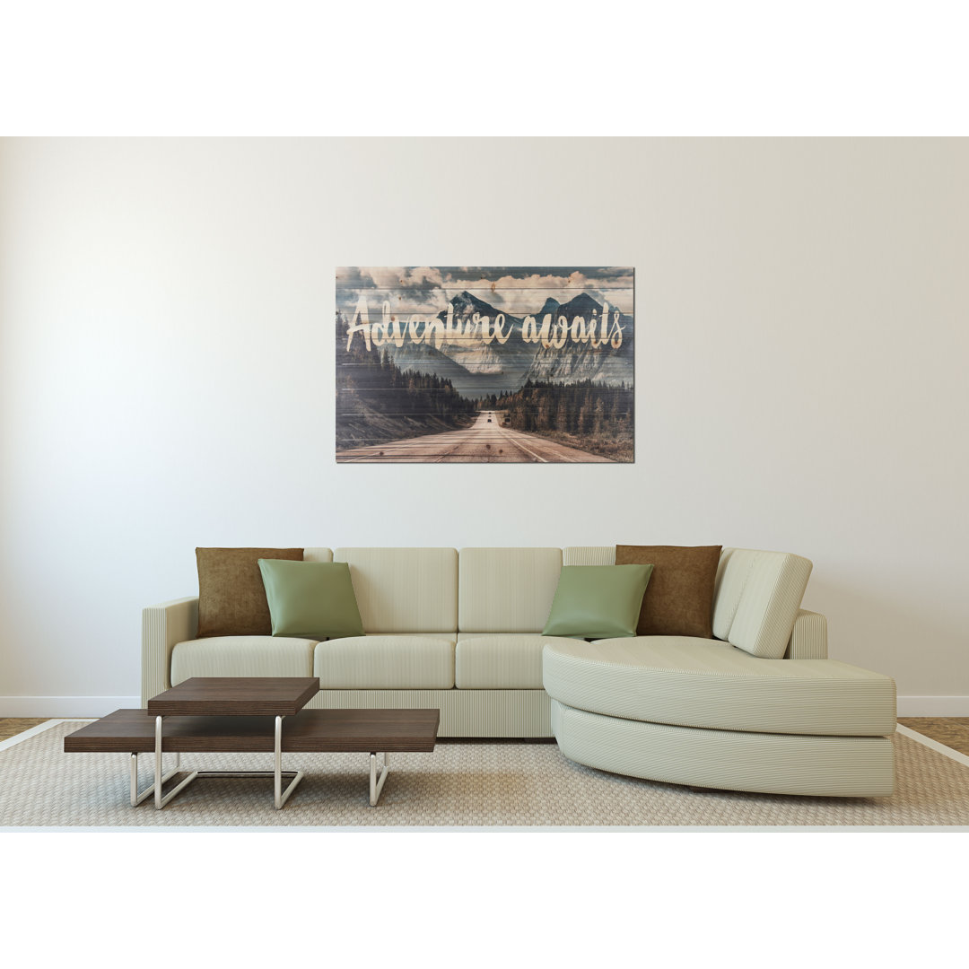"Adventure Awaits Mountain View" Photograph Print on Planked Wood Wall Art Gallery 57