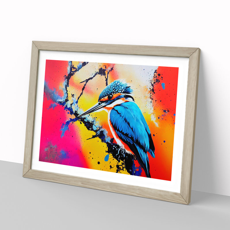 Kingfisher Bird Splashed Vol.2 Abstract - Framed Print, 46cm H x 64cm W x 2cm D, Oak
