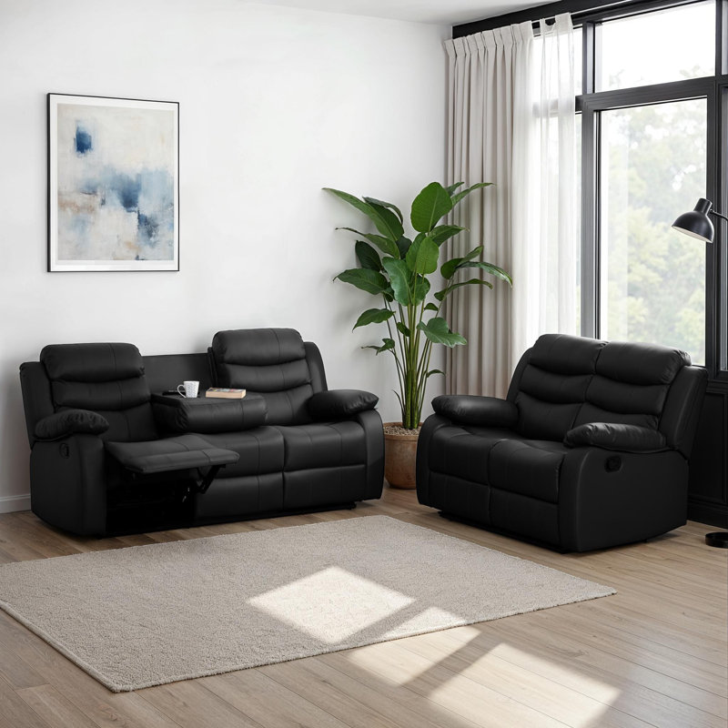 Mokhtar 2 Piece Reclining Sofa Set, Black