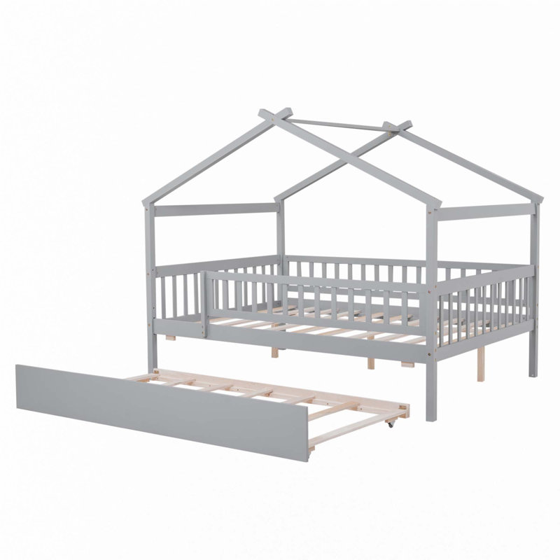 Lit en bois avec lit gigogne simple, Gris, Full