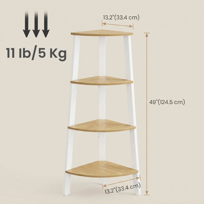 Tablette de coin, bibliothèque de coin à 4 niveaux, échelle industrielle, support à plante pour le salon, le bureau, la cuisine, chêne naturel et blanc mat