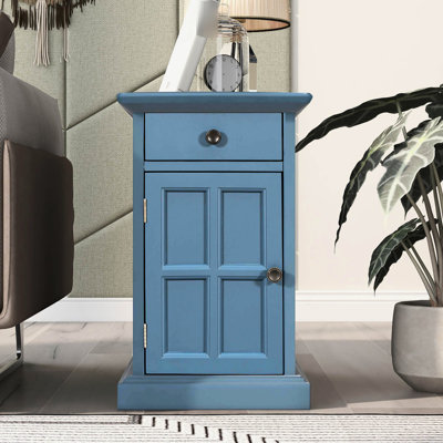 Table de bout de salon avec porte-gobelets, bleu marine antique. Fabriqué à partir de placages, de bois et de bois d'ingénierie. Rangement relevable, tiroir, fente à distance. Aucun assemblage requis. H 23 po x l 14 po x P 24,3 po + plateau en bois massif