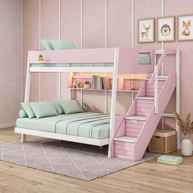Lit superposé en bois avec escalier de rangement et éclairage DEL, Jumeaux sur complet, Rose