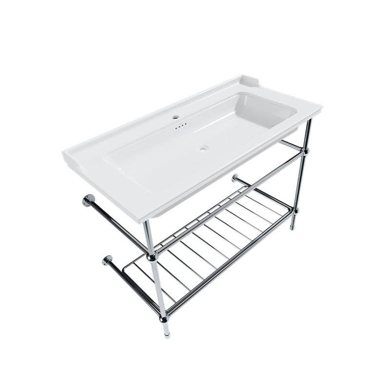 Gloss White Fireclay Rectangular Console Bathroom Sink with Overflow, Matte Black, Single