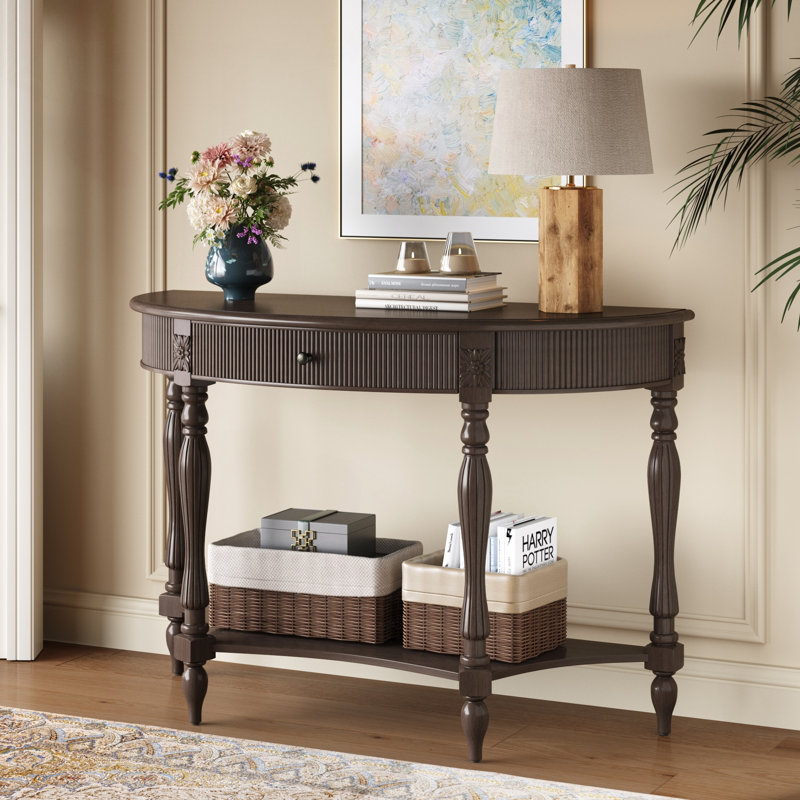 Console en bois massif avec tiroir cannelé et pieds à colonnes romaines, Brun rustique profond, Brun rustique profond
