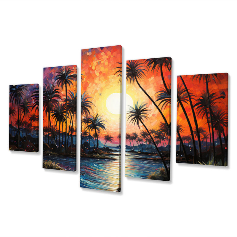  «Palm Trees Tropical Pointillism III - Art mural sur toile de plage - 5 panneaux