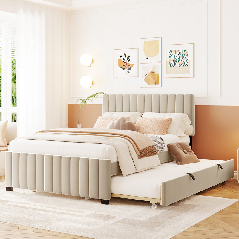 Lit tapissier beige avec lit gigogne simple - et plateforme pleine grandeur fiable en tissu réfléchissant dissipant la chaleur