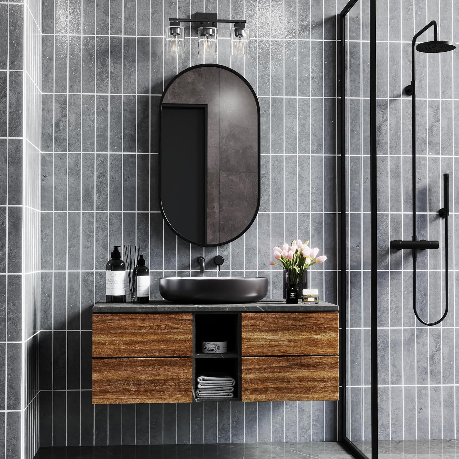 Ebern Designs Silver 3-Light Bathroom Vanity Lighting, Wall Sconce with Clear Glass \u0026 Square Design, 10'' H x 4.8'' W x 17.44'' D, image size:1500x1500