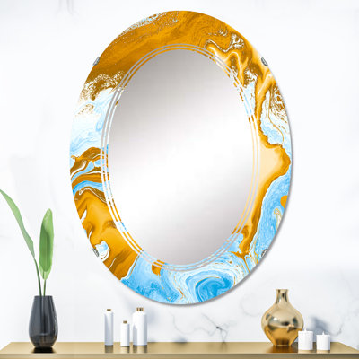 Blue and Gold Marble Waves - Miroir mural moderne