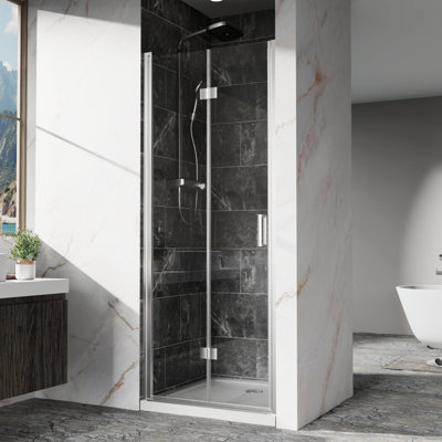 Bi - Fold Swing Pivot Shower Door With Finish Hardware, Heavy Duty Handle, Silent Switching And Pollution 30" W X 72" H 1/4" (6mm) Tempered Glass, Easy To Clean Coating, Reversible For Right Or Left