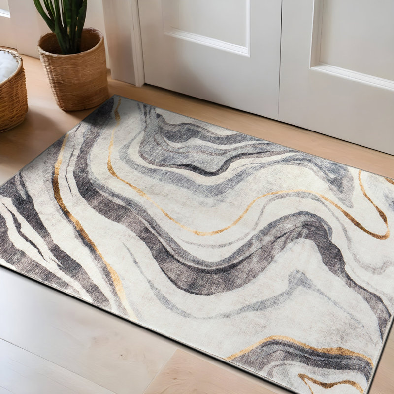 Tapis contemporain lavable antidérapant en marbre, Rectangulaire 2 pi x 3 pi