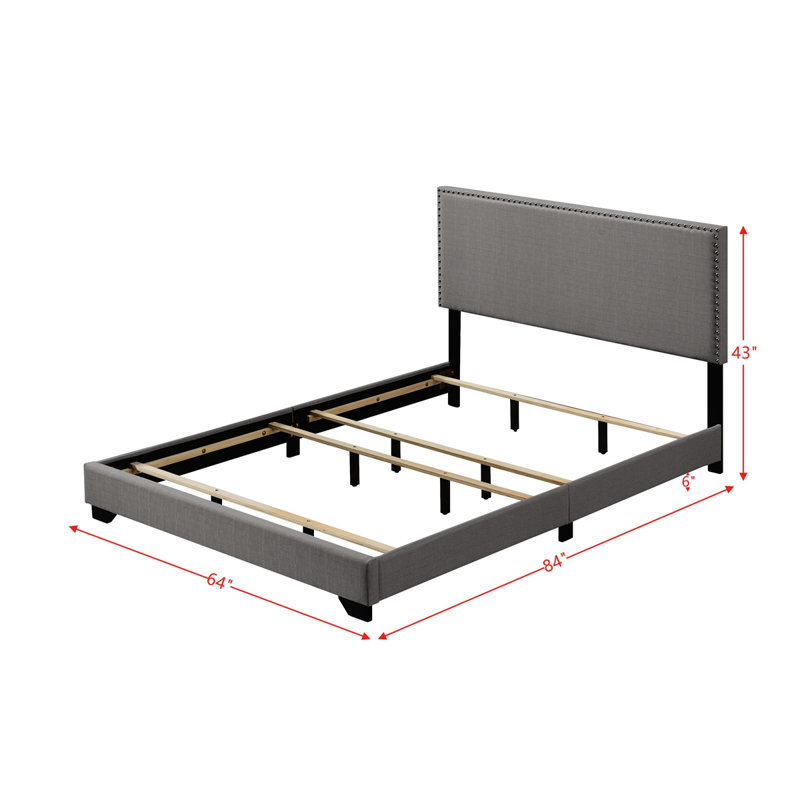 Estral Queen Upholstered Panel Bed Frame with Headboard, Gray