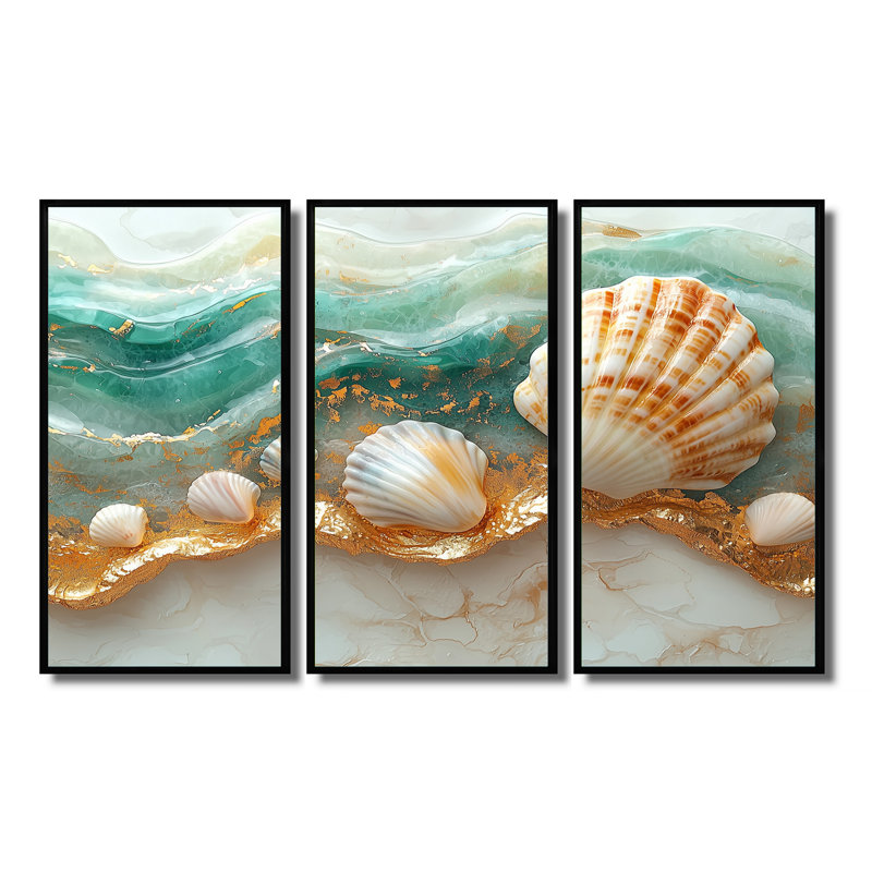 Coquillage et sable émeraude I - art mural côtier large - 3 panneaux, H 28 po x l 36 po, Noir