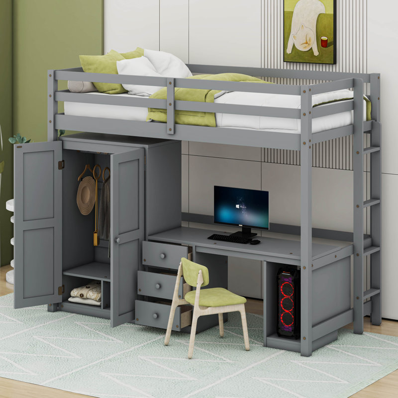  Lit mezzanine avec armoire, bureau et tiroirs Juvia, Gris, Simple