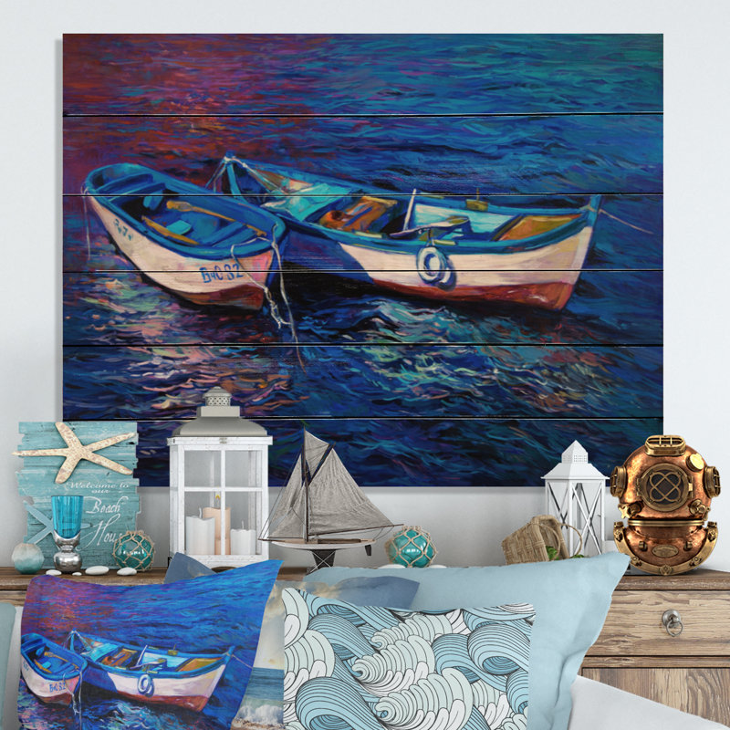 Bateaux en mer, peinture IV - reproduction nautique et côtière sur bois, H 16 po x l 32 po x P 1 po