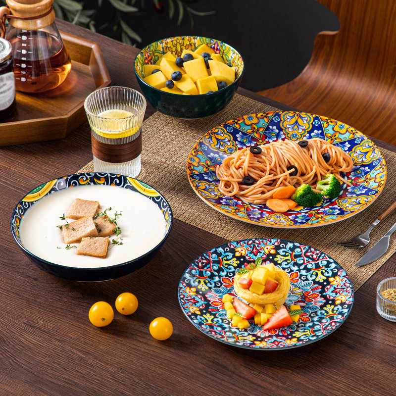 SIMI 16 Piece Porcelain China Dinnerware Set - Service for 4, Orange/Green
