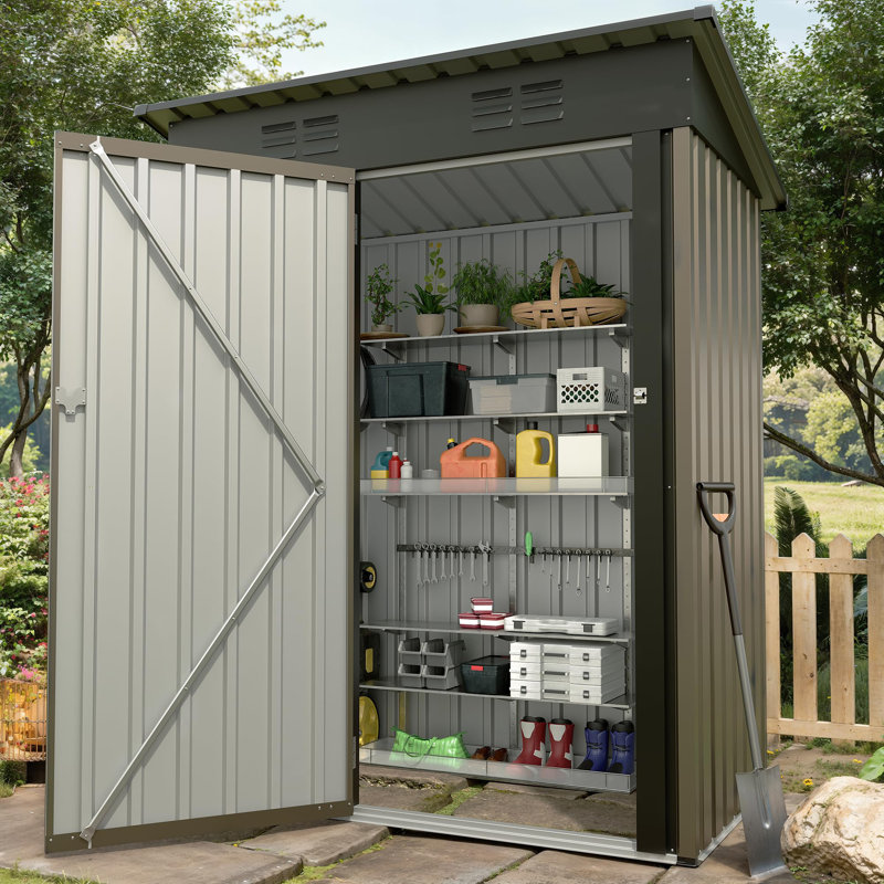 Metal Tool Shed with Single Door - Slanted Roof, Small Size, 5x3FT, Garden Storage, Outdoor Iron Tool Storage, Brown