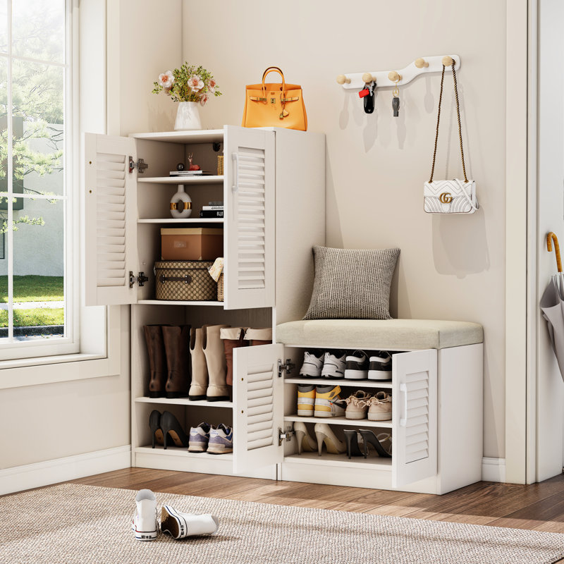 Armoire à chaussures autoportante 7 + 3 compartiments avec banc, blanc, réglable pour la maison