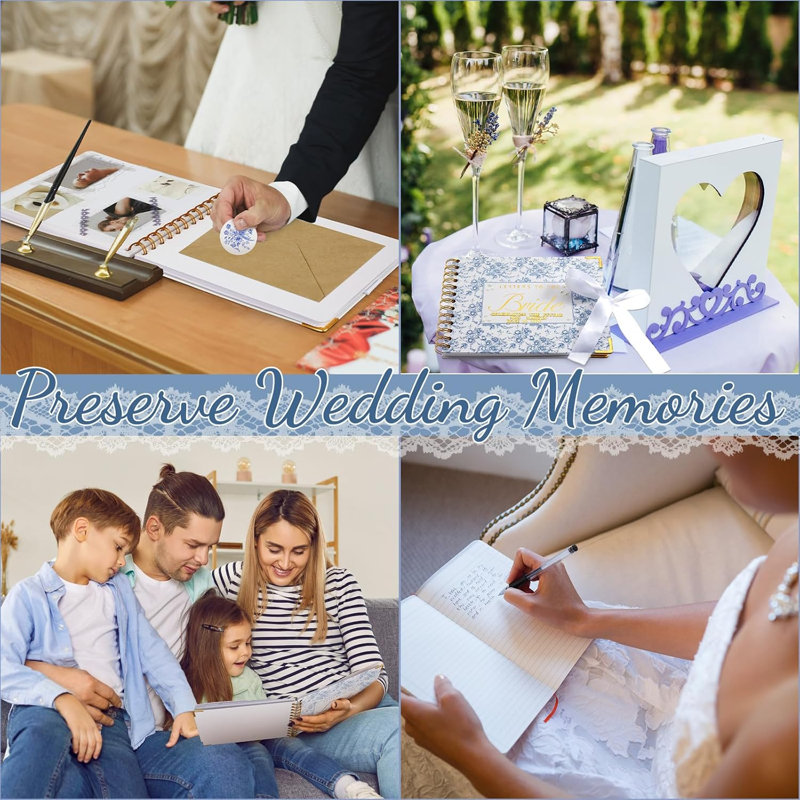 Blue Floral Letters to Bride Scrapbook, livre d'or de mariage vierge de 8,5 po x 7 po avec enveloppes pour les parties de Bachelorette