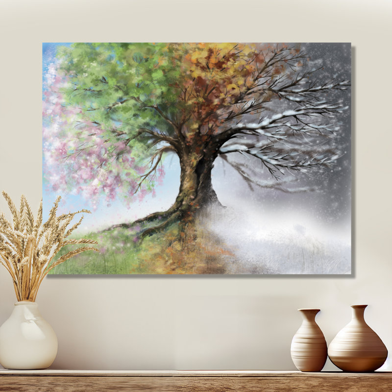 Arbre sur toile, impression de nature quatre saisons - Arbre avec quatre saisons, H 16 po x l 32 po, Toile tendue, Sans cadre