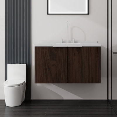 Meuble-lavabo flottant de 36 po en contreplaqué brun - comptoir et dosseret en marbre de culture blanc de 2 po Carrara, évier en céramique avec porte à fermeture en douceur